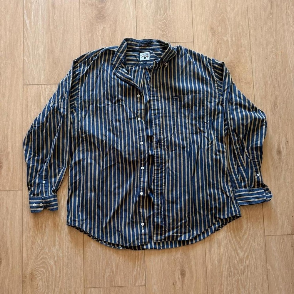 Vintage Falconnable French 100% Cotton Blue and Yellow Striped Button Up